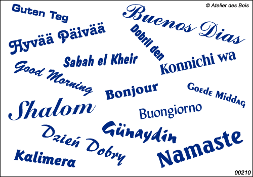 Mot Bonjour en 15 langues polices et tailles différentes, uni.
