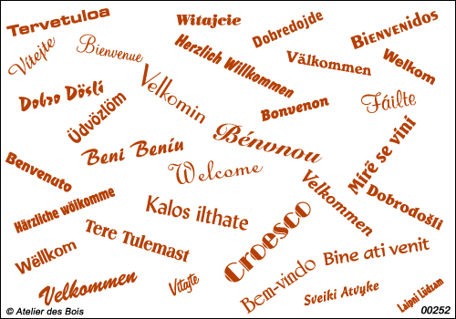 Mot Bienvenue en 32 langues européennes, polices différ., uni.