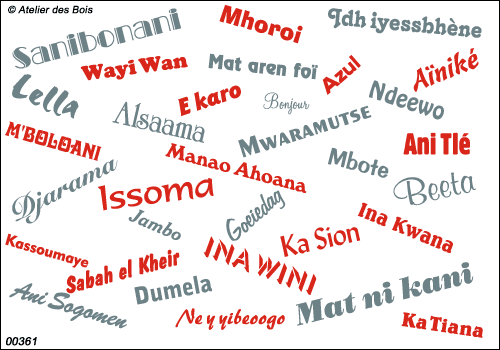 Mot Bonjour en 26 langues Africaines et Arabes, bicolore.