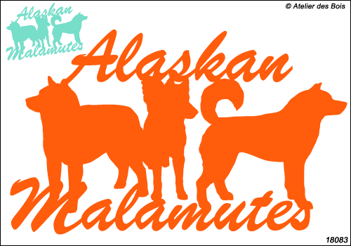 Lettrage Script Alaskan Malamute avec trois silhouettes