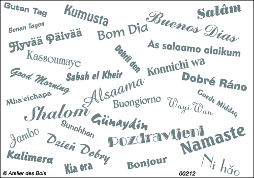 Mot Bonjour en 30 langues polices et tailles différentes, uni.